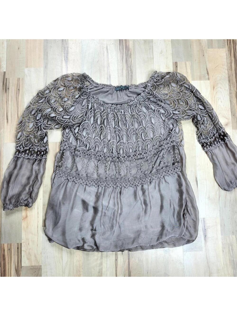 Elegant Gray Silk Blend Lace and Satin Women's Blouse Made in Italy Medium